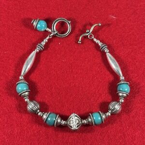 Vintage Navajo Style Silver Tone Turquoise Nugget Bracelet Toggle Clasp